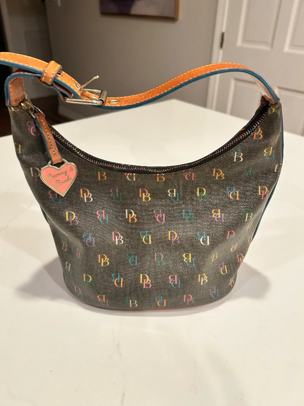 Vintage Dooney & Bourke Rainbow Monogram Brown Leather Pink Heart Zipper Handbag